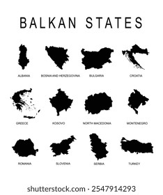 Balkan territory states map vector silhouette illustration isolated. Albania Bosnia Bulgaria Croatia Greece Kosovo Macedonia Montenegro Romania Slovenia Serbia Turkey. National symbol shape shadow.