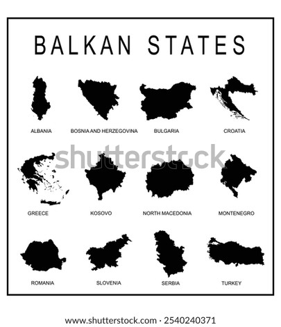 Balkan territory states map vector silhouette illustration isolated. Albania Bosnia Bulgaria Croatia Greece Kosovo Macedonia Montenegro Romania Slovenia Serbia Turkey. National symbol shape shadow.