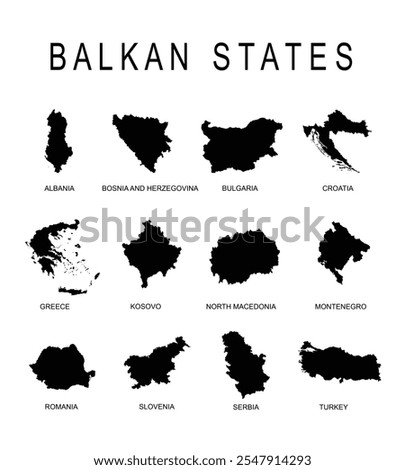 Balkan territory states map vector silhouette illustration isolated. Albania Bosnia Bulgaria Croatia Greece Kosovo Macedonia Montenegro Romania Slovenia Serbia Turkey. National symbol shape shadow.