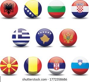 Los países de los Balcanes marcan la textura de fondo de los botones de círculo nacionales. Símbolo de ilustración vectorial 3d de la península balcánica.
