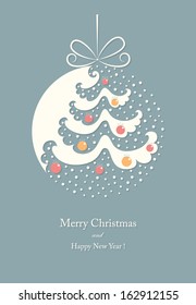 The ball with abstract  Christmas tree and decorations. Vector background.
