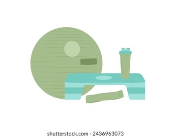 Ball balance, step platform resistance band and sport bottle isolated on white background. Vector flat illustration.