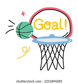 Ball with basket, flat sticker of basketball goal