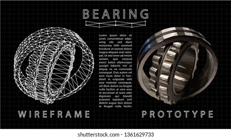 Ball bearing abstract low poly vector. Bearing wireframe concept and realistic prototype. Industrial mechanism on black background with thin white grid.