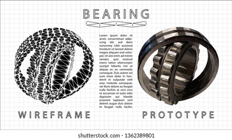 Ball bearing abstract low poly vector. Bearing wireframe concept and realistic prototype. Industrial mechanism on white background with thin black grid. Landscape orientation poster.