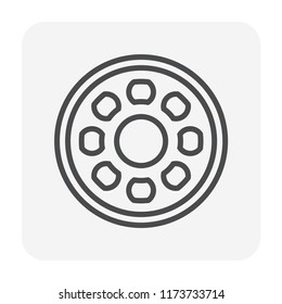 Ball bearing vector icon. Mechanical part with round steel metal cage, hub, ball for support load bearing in joint of rolling wheel, caster, steering and pulley in auto, automotive, machine. 64x64 px.