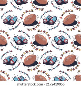 Ball and Binoculars. Seamless pattern on a white background. Cute vector illustration.