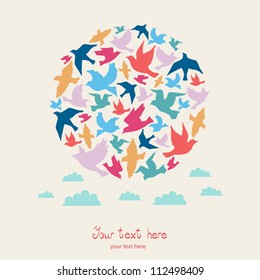 Ball of birds, celebration card on beige background