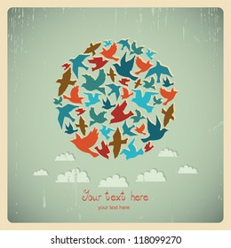 Ball of birds, celebration card on beige background