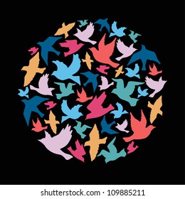 Ball of birds, colorful texture on black background