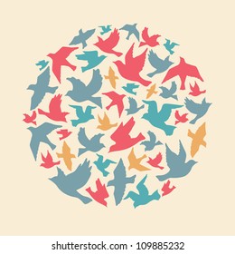 Ball of birds, colorful texture on white background