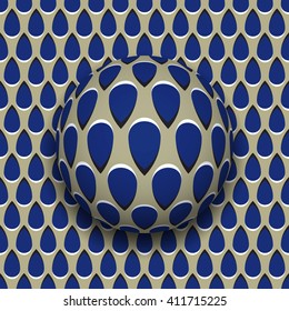 Ball with a blue drops pattern rolls along blue drops surface. Abstract vector optical illusion illustration. Motion background and tile of seamless wallpaper.