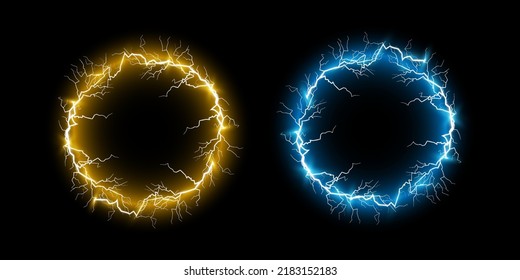 Ball blue and gold lightning on a black background. Vector illustration, abstract electric lightning in the dark blue sky. Light flash, thunder, spark.
