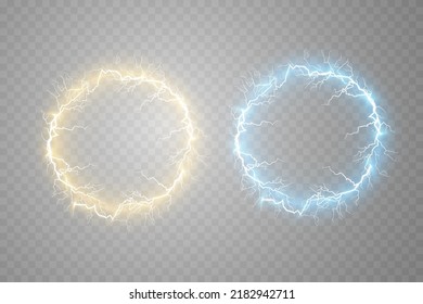 Ball blue and golden lightning on a transparent background. Vector illustration, abstract electric lightning in the dark blue sky. Light flash, thunder, spark.
