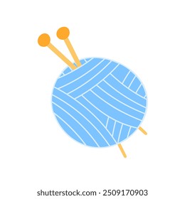A ball of blue threads with knitting needles in a cartoon style on a white background. A ball of wool for knitting and crocheting. Handmade.