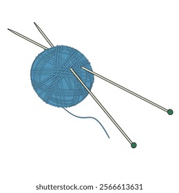 Ball Of Blue Yarn With Knitting Needles on white background