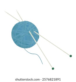 Ball Of Blue Yarn With Knitting Needles on white background