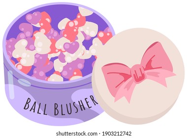Ball blusher flat vector cartoon illustration. Beauty concept. Powder in box isolated on white background. Cute lilac jar with a lid and colored balls inside, girly korean cosmetics accessory