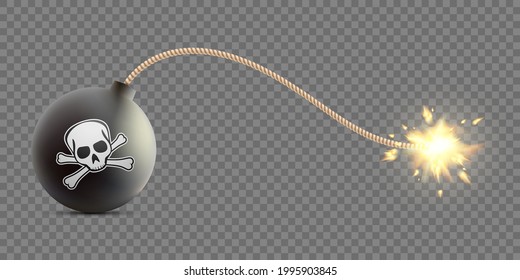 Ball Bomb With The Explosive Fuse. Template Isolated On A Transparent Background. Vector Mockup