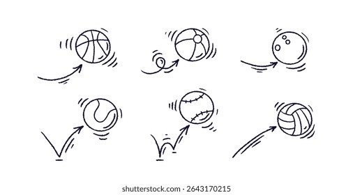 Ball bounce. Arrows doodle set. Baseball, volleyball, tennis sign. Doodle crayon design elements. Sport game with trajectory line. Jump, motion expression. Vector set on white background