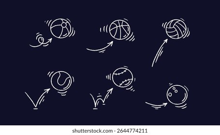 Ball bounce. Arrows line set. Baseball, volleyball, tennis sign. Doodle crayon elements. Sport game with trajectory. Jump, motion expression. Vector set on black backdrop