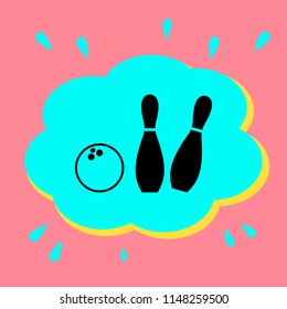 Ball for bowling and bowling sign. Black icon in bubble on pink background. Vector