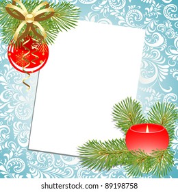Ball and candle. Christmas. Postcard.
