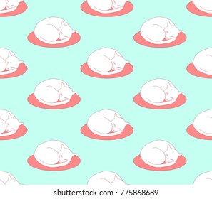 Ball Cat Sleeping on Bed on Green Mint Background. Vector Illustration.