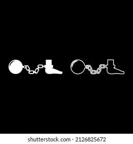 Ball And Chain Attached Foot Silhouette Pulling Weights Leg With Cargo Punishment Set Icon White Color Vector Illustration Image Simple Solid Fill Outline Contour Line Thin Flat Style