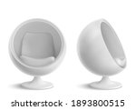 Ball chair, round armchair front and side view. Futuristic furniture design for home or office interior, comfortable egg shaped seat isolated on white background. Realistic 3d vector illustration