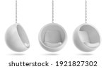 Ball chair, round armchair hang on chain front and side view. Futuristic furniture design for home or office interior, comfortable egg shaped seat isolated on white background. Realistic 3d vector set