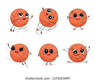 Ball characters with emotions in cartoon style. Collection of basketball mascots for sports designs.