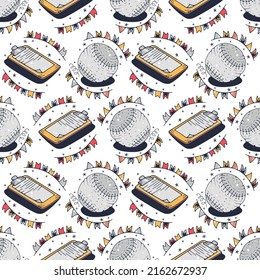 Ball and Checklist. Seamless pattern on a white background. Cute vector illustration.