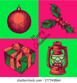 Ball Christmas tree decoration, mistletoe, present and kerosene lamp, vector sketch set 