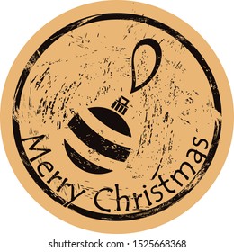 Ball for Christmas tree vector round shabby emblem design, old retro style. Merry Christmas stamp. Seal imitation. Sign on craft paper background. Vintage grunge icon. Christmas decorations.
