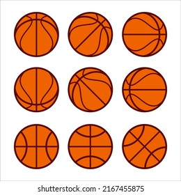 Ball collection. Set of basketball in different views. Flat vector illustration, isolated elements on white background