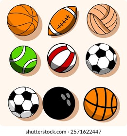 ball collection vector set of basketball, volleyball, bowling, soccer, etc.