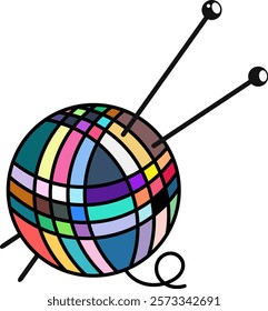 Ball of colorful wool and knitting needles