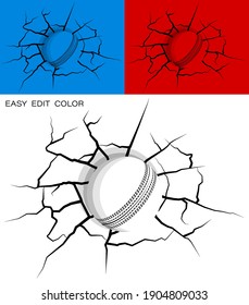 ball for cricket hit wall powerfully and damaged, cracks on wall. Sports design element. Active lifestyle. Vector on white or color background with cracks