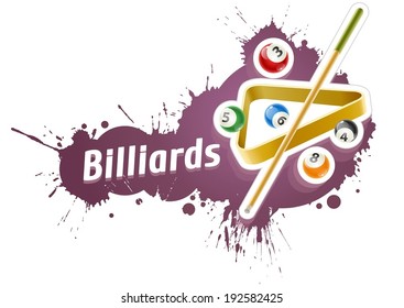 Ball and cue for playing  billiard game over grunge splash. Eps10 vector illustration. Isolated on white background