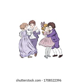 Ball dances. Boys dance with girls. Gentlemen in suits and mademoiselles in ball gowns in the style of the nineteenth century. People in vintage style. 