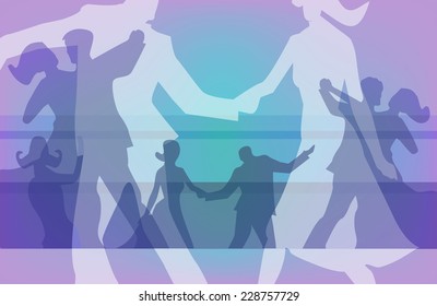 Ball dancing colorful background. Vector colorful  background for with silhouettes of  dancing couples. Vector illustration. 