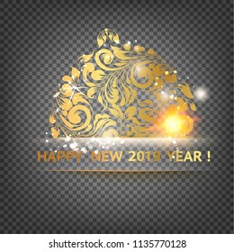 Ball decoration - symbol of 2019 year. Golden sphere decoration toy with glitters over the transparent background. Transparent vector illustration.