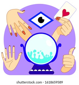 Ball for divination and a set of hands of the predictor. Palm gestures: thumb up, hand with a card, conjuring hand spell, thumbs up. Vector magical images, for banners, decoration and animation.