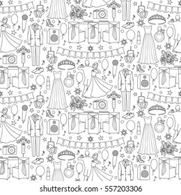 Ball doodle seamless pattern with celebration objects and elements on white background. Coloring page.