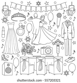 Ball doodle set with celebration objects and elements on white background. Coloring page.