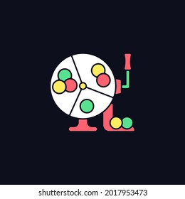 Ball draw machine RGB color icon for dark theme. Drawing winning numbers for lottery game. Bingo blowers. Isolated vector illustration on night mode background. Simple filled line drawing on black
