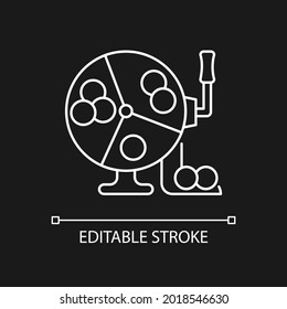 Ball draw machine white linear icon for dark theme. Drawing winning numbers for lottery game. Thin line customizable illustration. Isolated vector contour symbol for night mode. Editable stroke