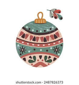 Ball element for Christmas and New Year stickers. Boho ball. Christmas tree toy in the shape of a ball with ornaments, natural colors. Holiday decor. Vector, isolated on white background