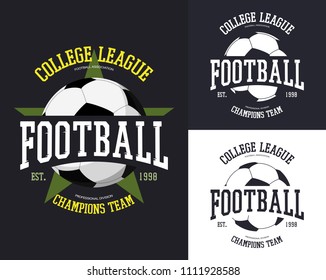 Ball for european football with star for t-shirt print. Soccer player apparel sign, amateur or college team emblem, team match advertising or sportswear logo. Branding and fashion, clothing theme